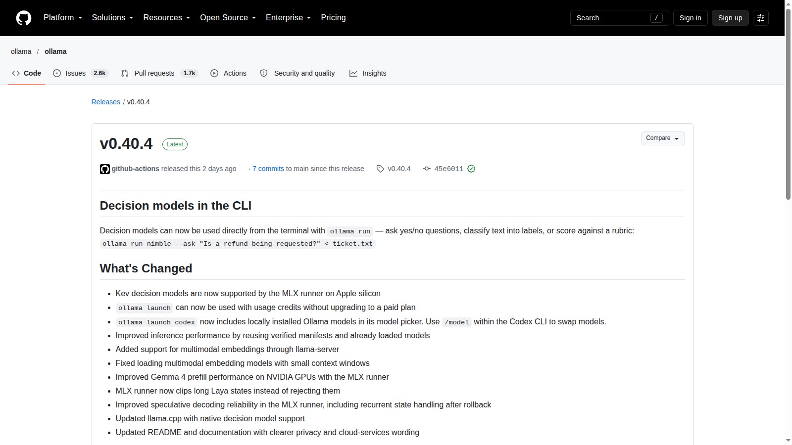 Pagina ufficiale della release Ollama 0.40.4 su GitHub