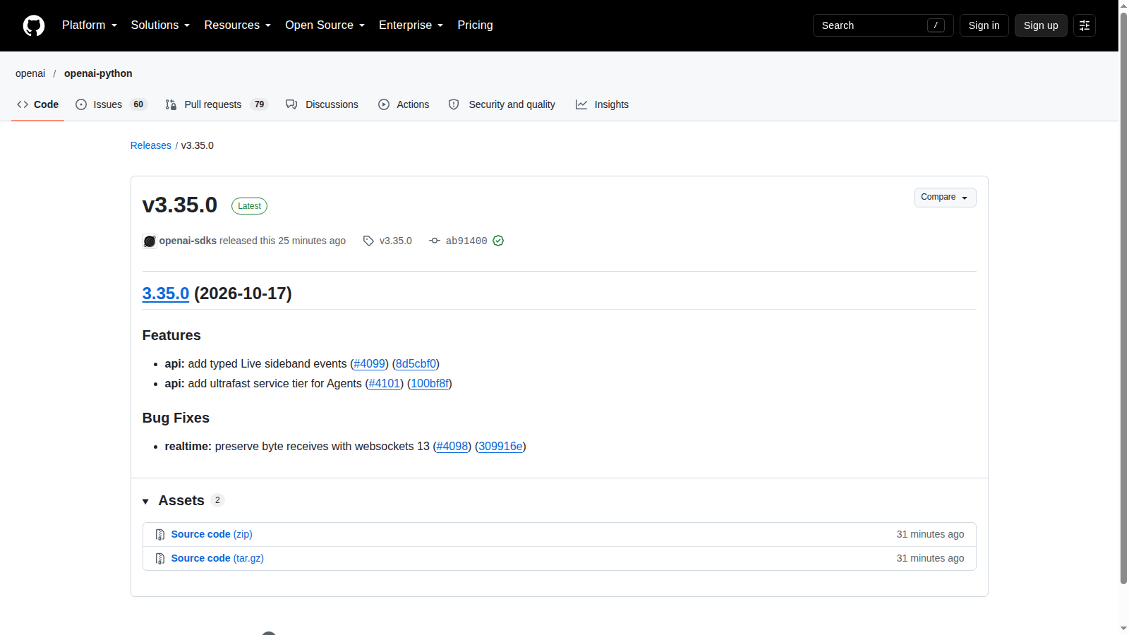 Pagina ufficiale GitHub della release openai-python v3.35.0