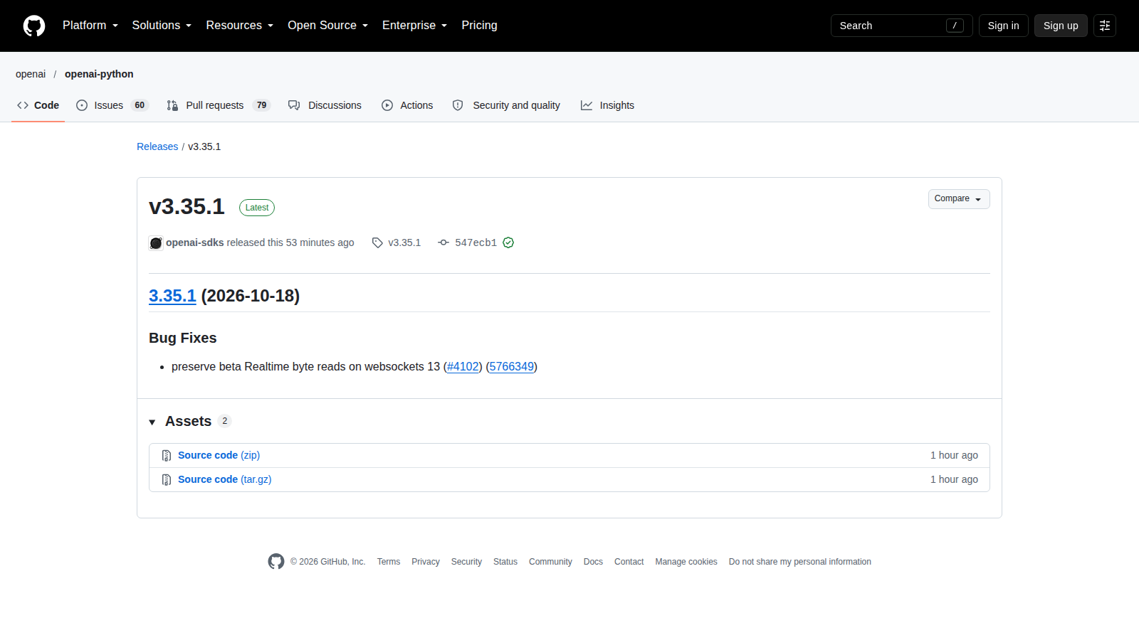 Pagina ufficiale GitHub della release openai-python v3.35.1