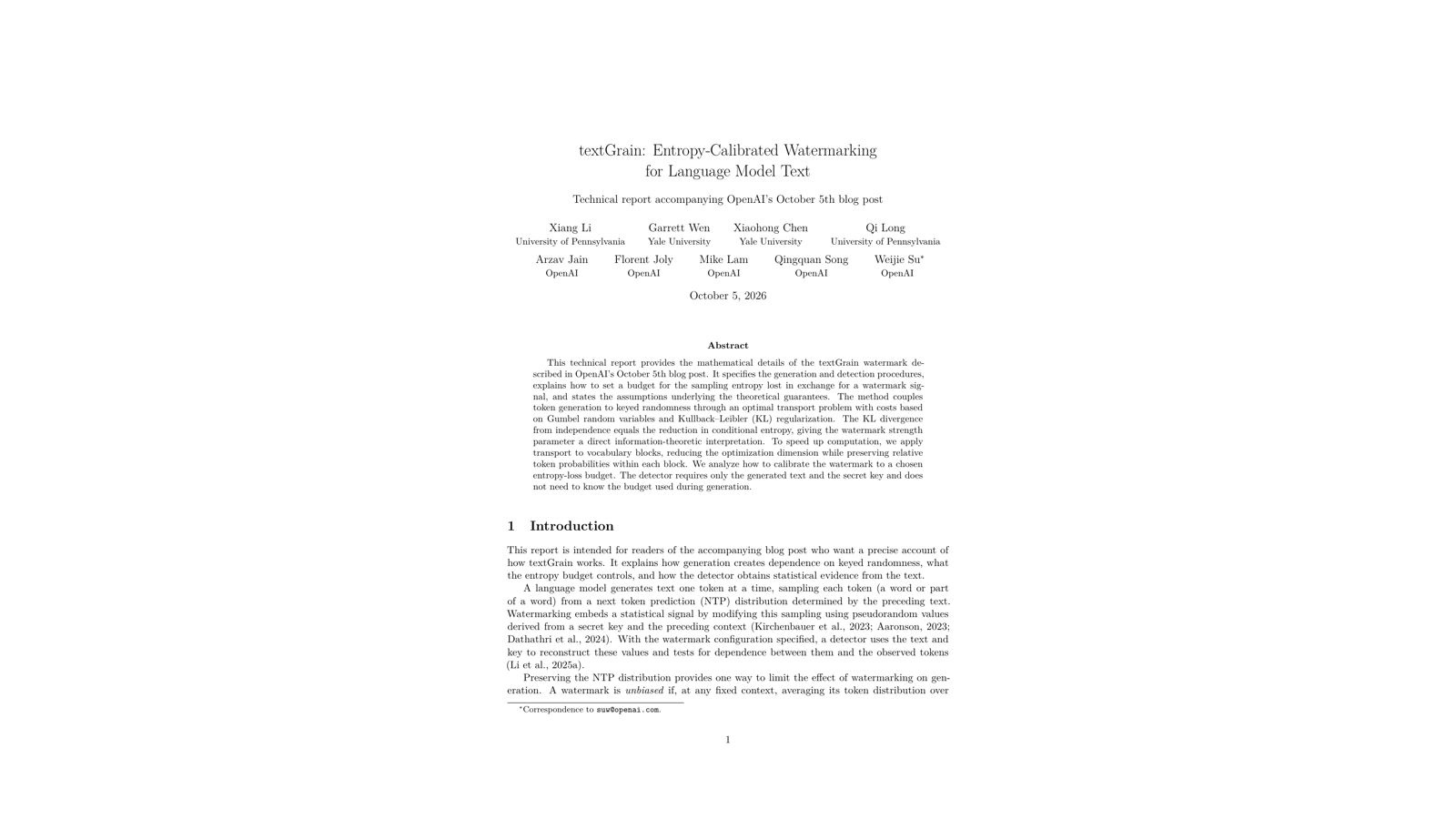 Prima pagina del rapporto tecnico OpenAI textGrain sul watermark testuale