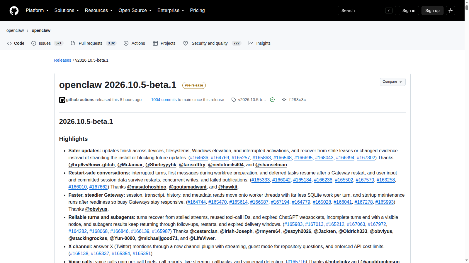 Pagina GitHub della pre-release OpenClaw 2026.10.5 beta 1 con le principali novità operative