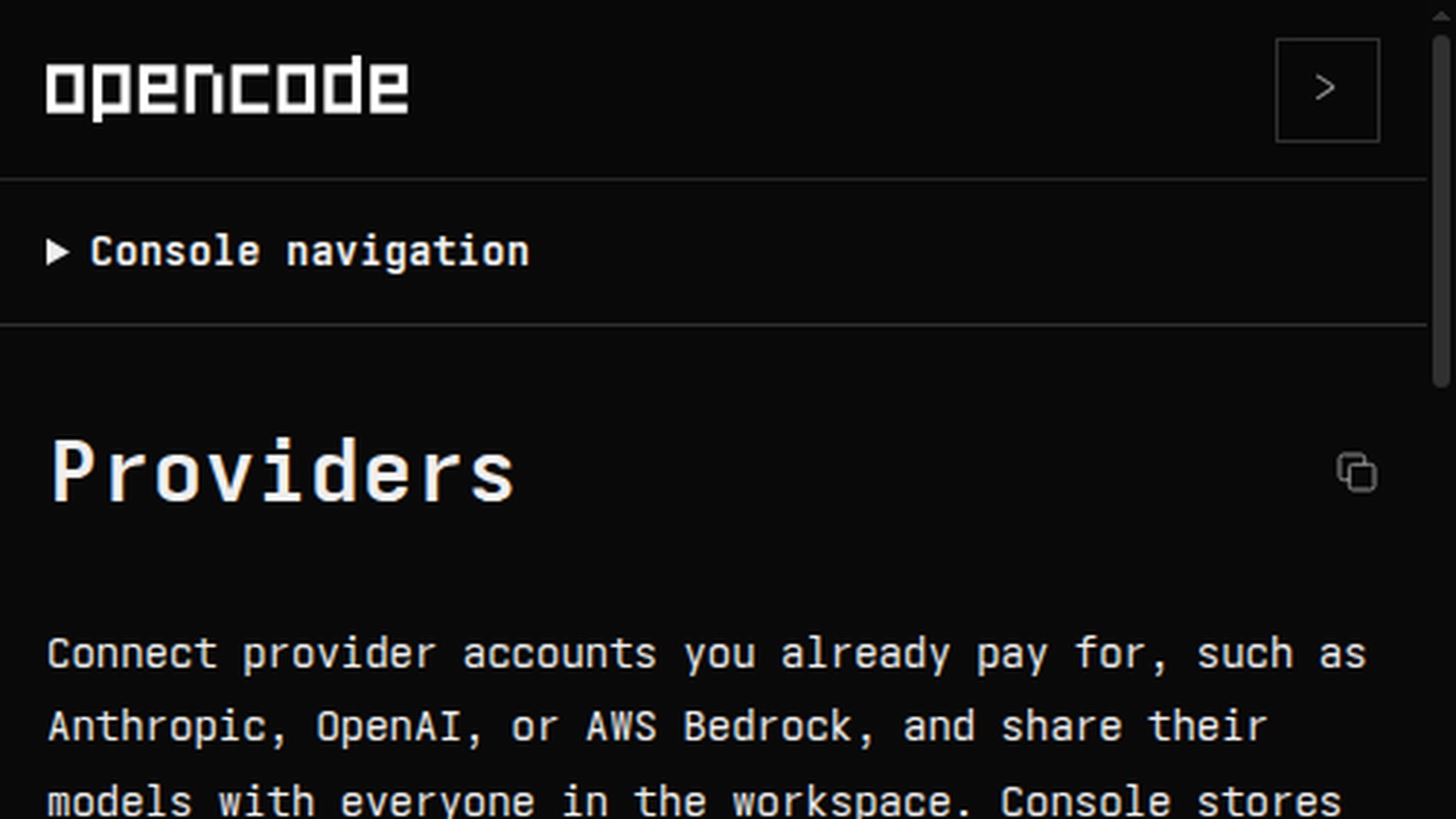 Documentazione ufficiale di OpenCode Console sulla gestione delle credenziali dei provider
