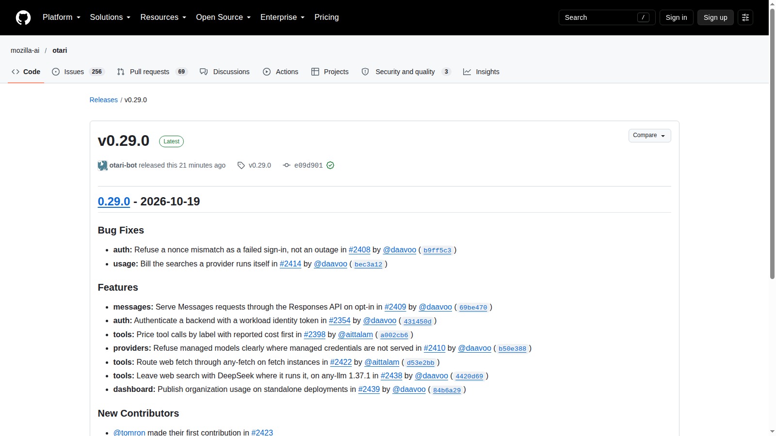 Pagina ufficiale GitHub della release Otari v0.29.0