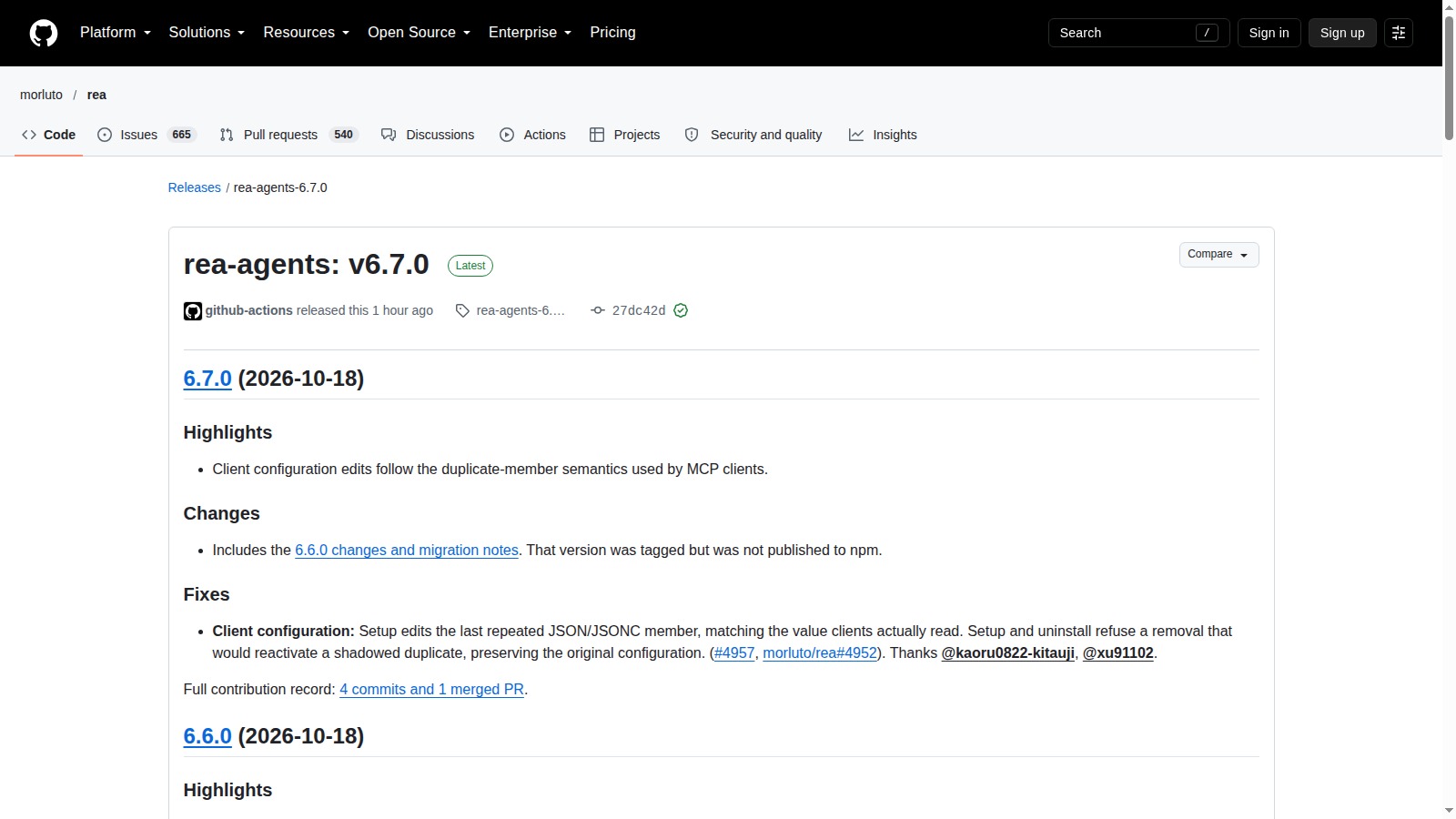 Pagina ufficiale GitHub della release REA agents 6.7.0