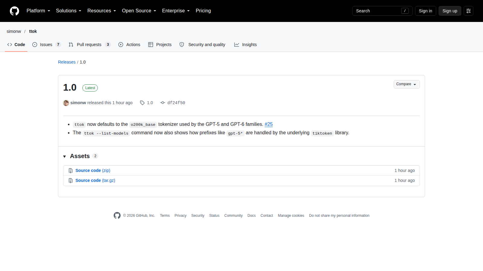 Pagina GitHub della release ttok 1.0 con le modifiche al tokenizer predefinito