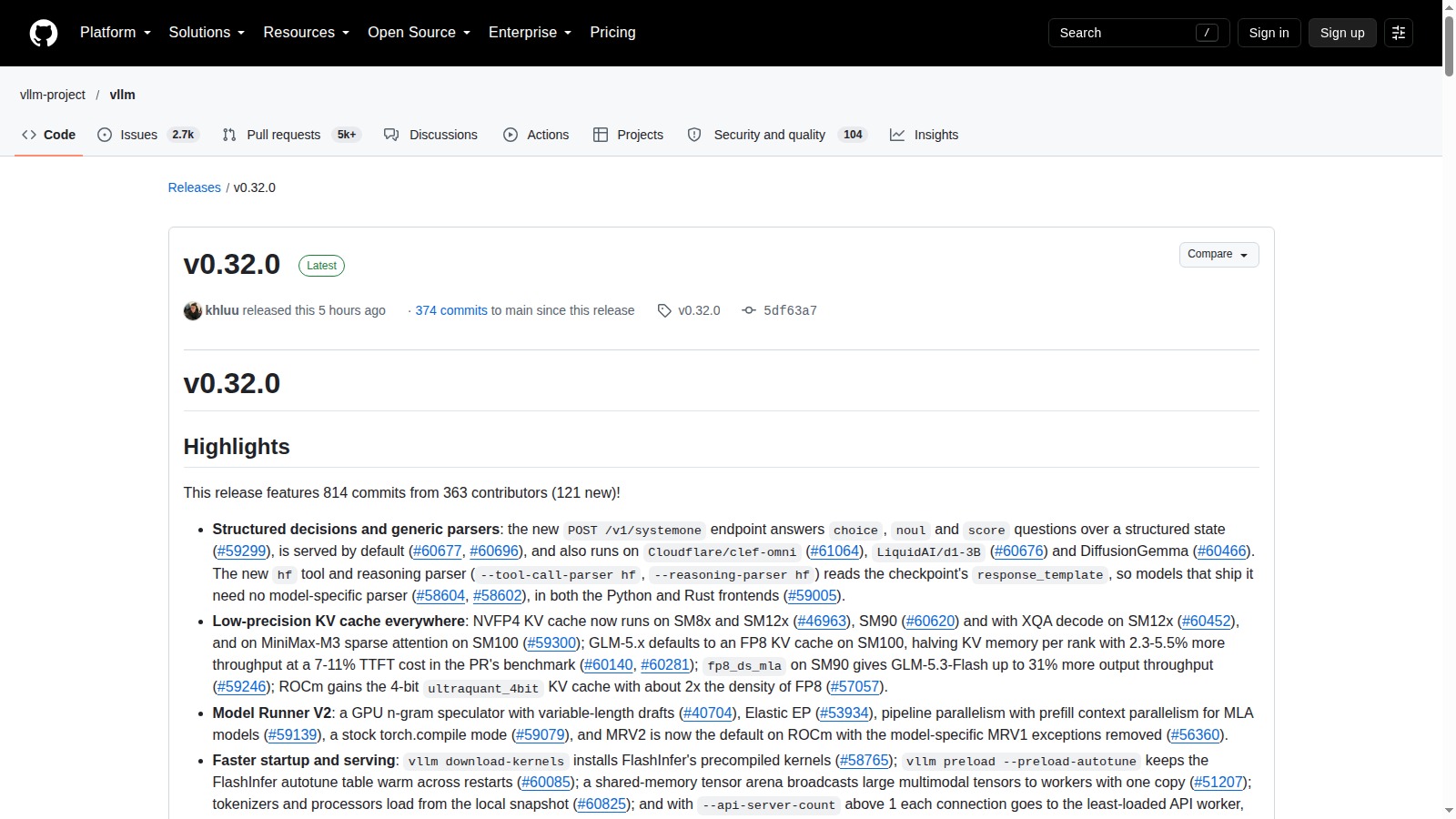 Pagina ufficiale GitHub della release vLLM 0.32.0