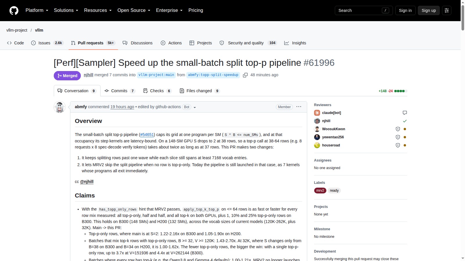 Pull request vLLM con benchmark del sampler top-p per piccoli batch su B300 e H200