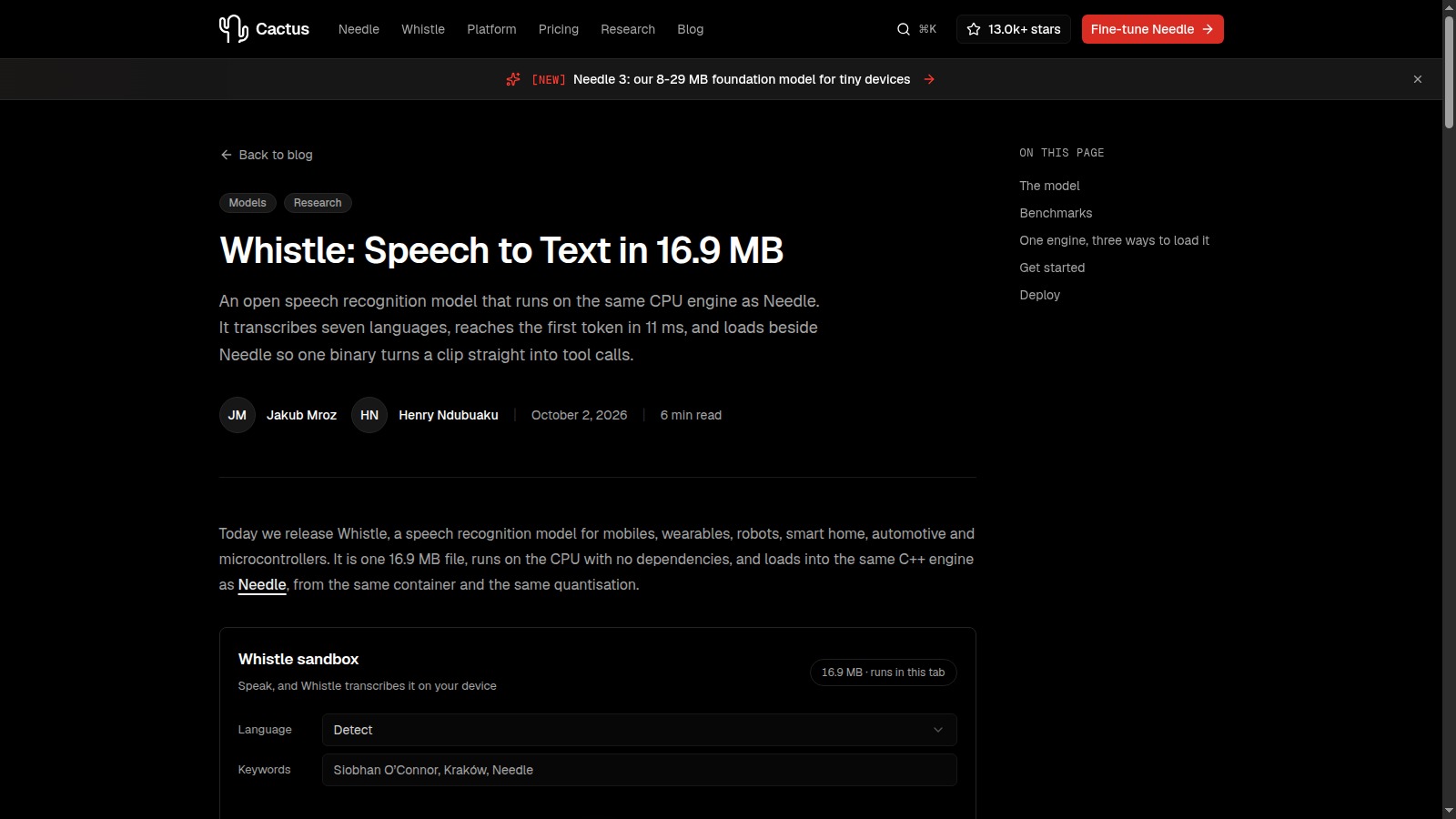 Pagina ufficiale Whistle con demo del modello speech to text locale da 16,9 MB