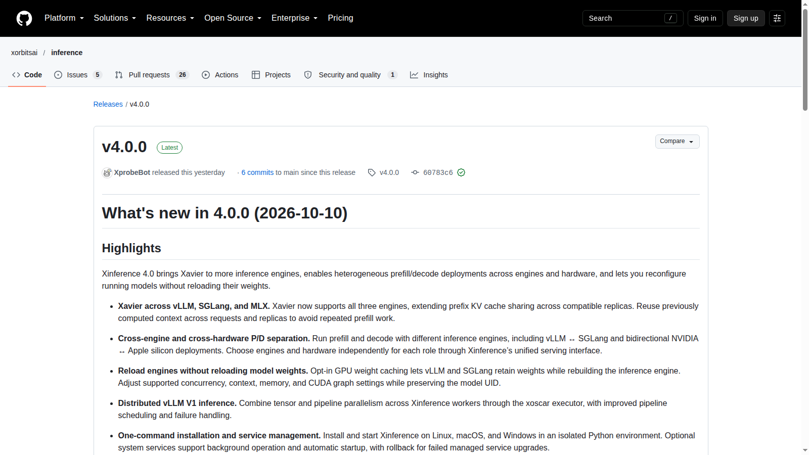 Pagina ufficiale della release Xinference 4.0 su GitHub